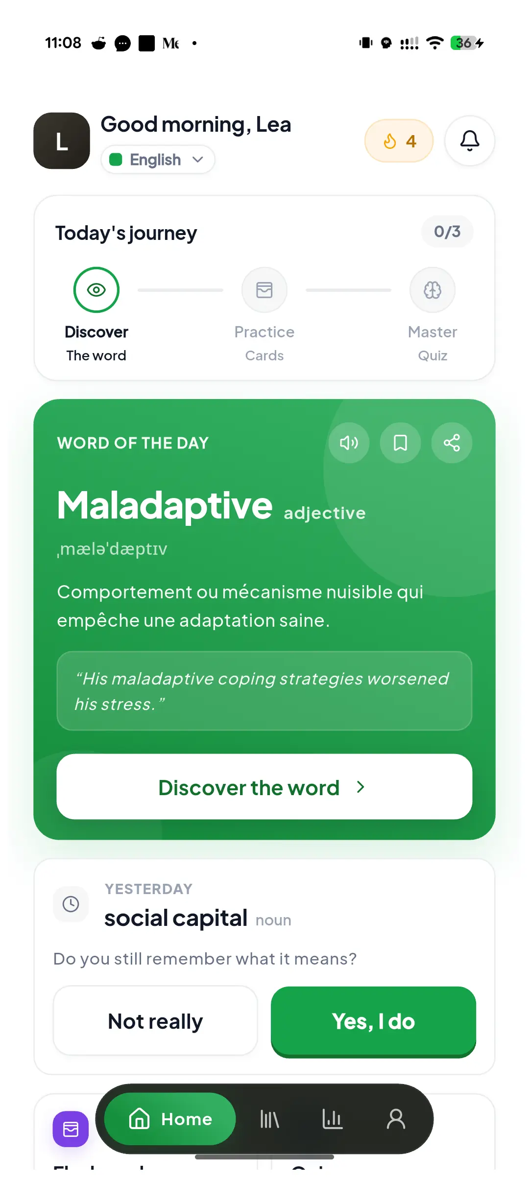 The Wordhabit home screen: today’s word and the day’s journey